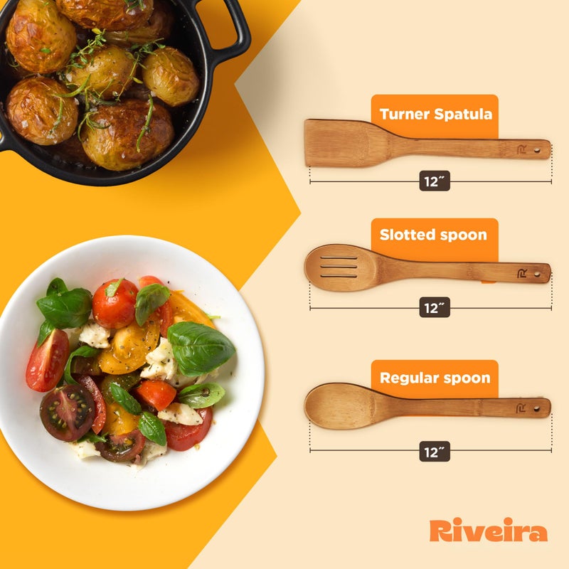 Riveira Dark Bamboo Wooden Spoons for Cooking 3-Piece  Apartment Essentials Wood Spatula Spoon Nonstick Kitchen Utensil Set Premium Quality Housewarming Gifts for Everyday Use - Image 5